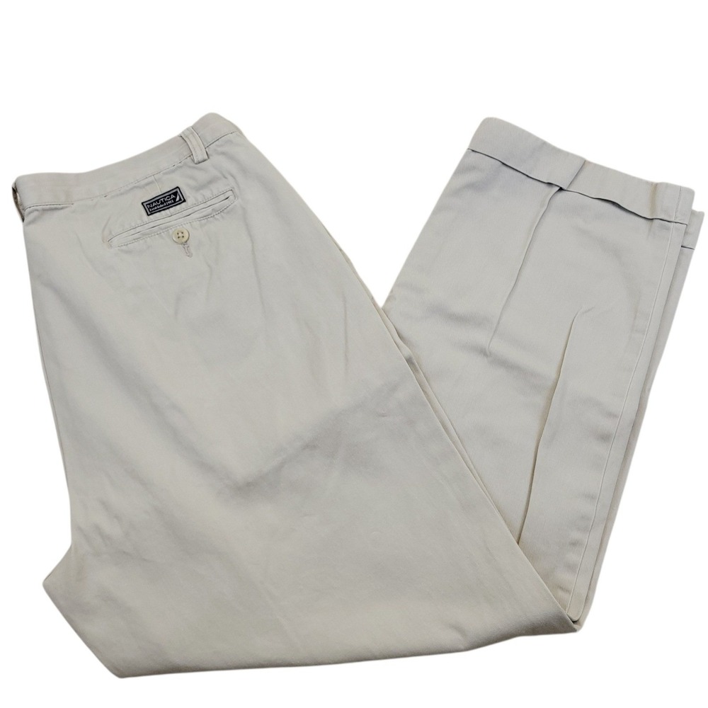Nautica Men's Khaki Pants Pleated‎ Front Cuffed Beige 36x30 Relaxed Loose Fit